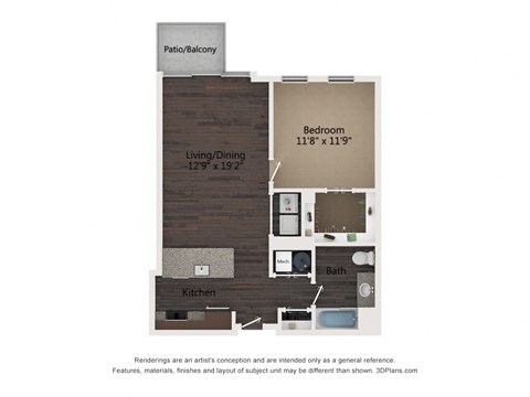 Floor plan for 1 bed, 1 bath, 755 sqft